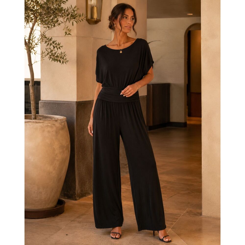 Soft Surroundings Black Modal Jumpsuit M Ruched Waist Wide Leg Keyhole Back - Picture 2 of 10